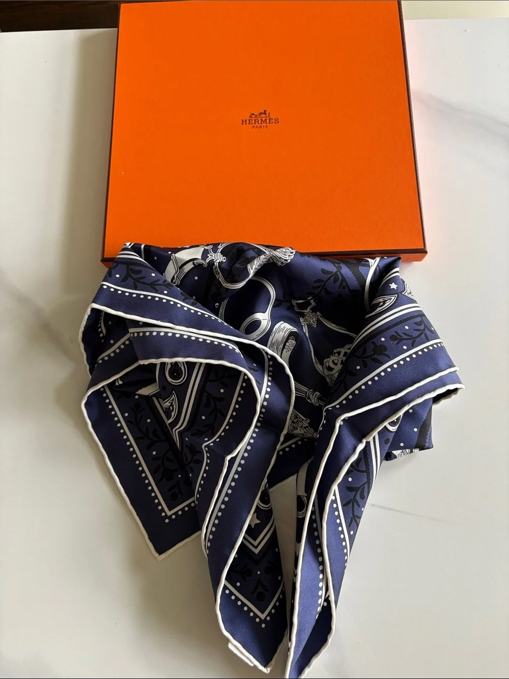 Hermes Navy Blue and White Equestrian Print Silk Scarf  Etriers Remix bandana 55